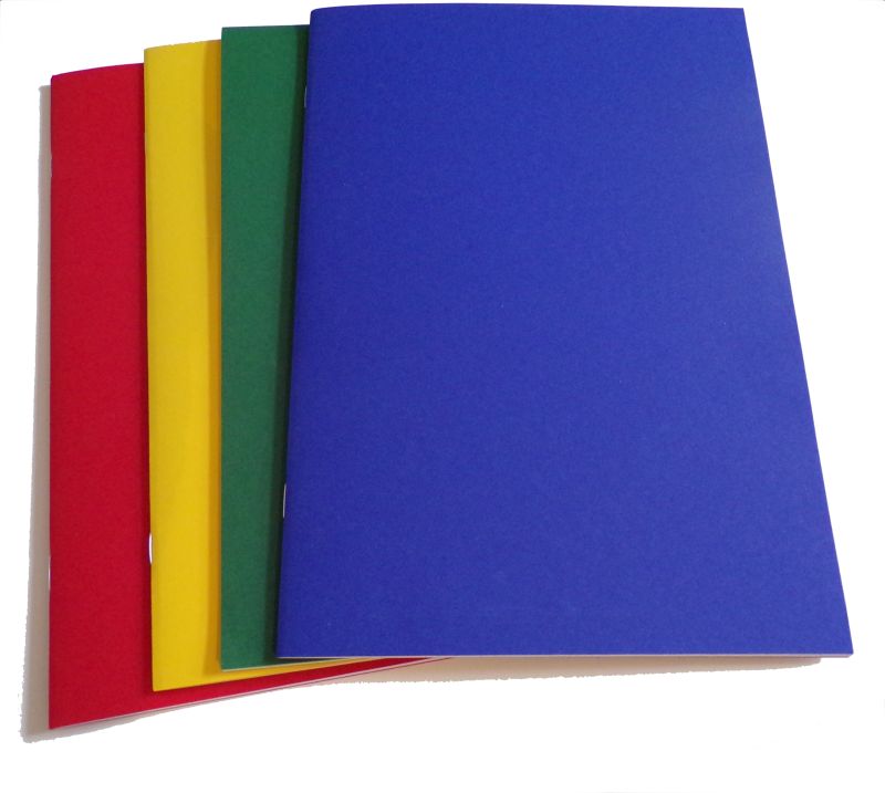 Colourful main lesson books in red, yellow, green and blue